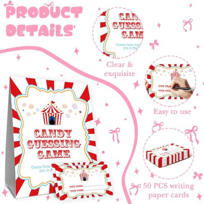 Carnival Guess How Many Baby Shower Game, Circus Theme Party Decorations, Carnival Birthday Party Decorations, Guess How Many Candies, Birthday Party Game & Activities 50 Cards and Sign - size: circus