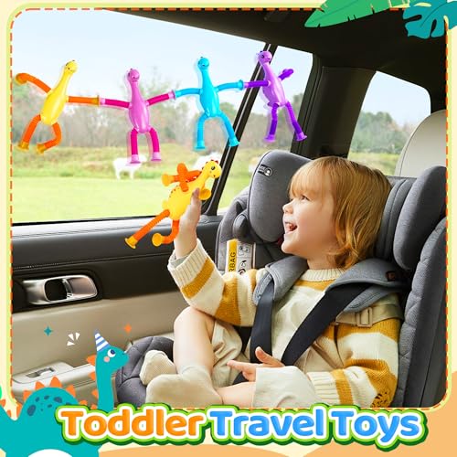 4Pcs Dinosaur Airplane Travel Car Ride Toys for Toddlers Kids Boys Girls Sensory Suction Cup Tube ADHD Autism Road Trip Car Activities Essential Stocking Easter Basket Stuffer Valentines Gift - color: 4pc Dinosaur