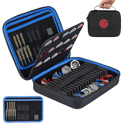 XXL Large EVA Hard Shell Dart Case for 15Darts, 30 Flights, Shafts & Accessories with Carry Handle, Darts Case with Soft Pad & Mesh Bag for Steel or Soft Tips, Dart Bag Bar Game, Travel -Blue - color: Blue