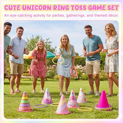 RoundFunny 12set 3 in 1 Ring Toss Game Set, Carnival Game Kit with Cones, Rings, Bean Bags & Storage Bag, Includes Unicorn Decorations for DIY Toss Games, Birthday Party, Easter, Carnival - style: Unicorn