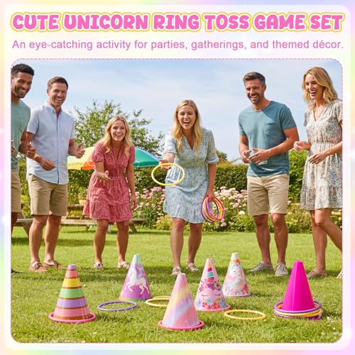 RoundFunny 12set 3 in 1 Ring Toss Game Set, Carnival Game Kit with Cones, Rings, Bean Bags & Storage Bag, Includes Unicorn Decorations for DIY Toss Games, Birthday Party, Easter, Carnival - style: Unicorn