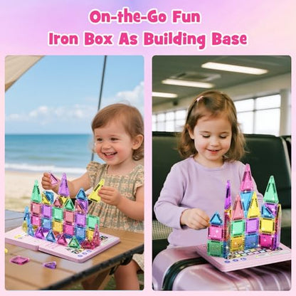 WMXDU 42-Piece Glitter Magnetic Tiles Travel Set with Pink Metal Box - Portable STEM Building Blocks for Kids Ages 3-8 Boys & Girls STEM Montessori Educational Toys for Airplane Car Rides - style: 42pcs-Pink