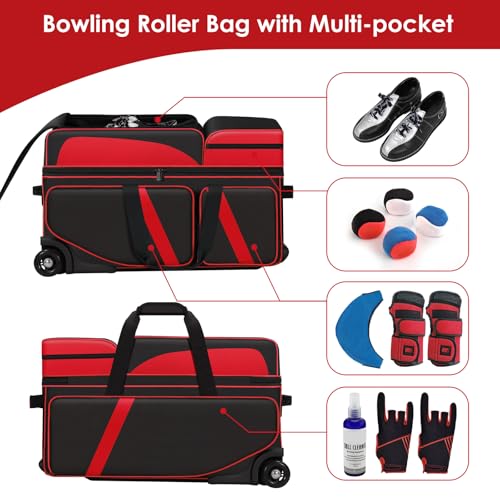 3 Ball Bowling Roller Bag with Smooth Wheels & Shoe Compartment, Heavy Duty 3 Ball Bowling Bag with Retractable Handle, Large Capacity Bowling Bag with Multi-pockets for Tournament, Travel, League - color: Red