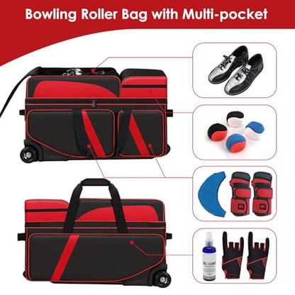 3 Ball Bowling Roller Bag with Smooth Wheels & Shoe Compartment, Heavy Duty 3 Ball Bowling Bag with Retractable Handle, Large Capacity Bowling Bag with Multi-pockets for Tournament, Travel, League - color: Red