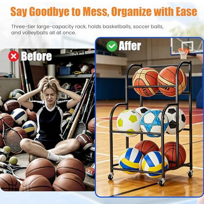 Basketball Rack with Wheels - Space-Saving Vertical Ball Storage for Basketball, Football, Soccer, Rolling Ball Rack for Garage & Outdoor, Heavy-Duty Ball Holder Organizer