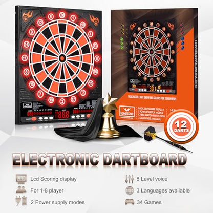 Electronic Dartboard with LED,Dart Boards for Adults,12 Darts Soft Tip, Improved Light-Up Display