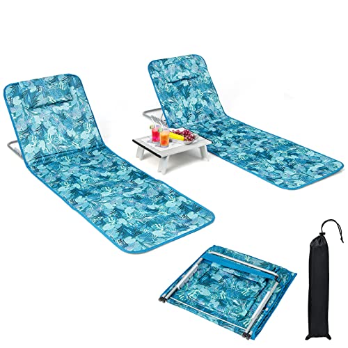 Goplus Beach Chairs with Side Table, 2 Pack Folding Lounge Chairs for Adults, with 5 Adjustable Position, Backpack Lightweight Reclining Lounge Chair for Lawn Camping Picnic Sunbath Pool (Blue&Green) - color: Blue&green