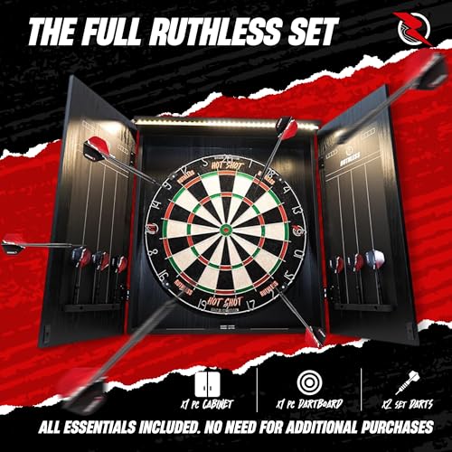 Ruthless Home Darts Centre with or Without LED Light Options | Home Dart Board Centre Including Cabinet, Dartboard and 2 Sets of Darts. - style: Black + LED Light