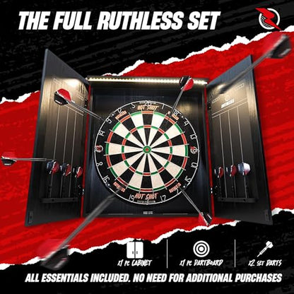 Ruthless Home Darts Centre with or Without LED Light Options | Home Dart Board Centre Including Cabinet, Dartboard and 2 Sets of Darts. - style: Black + LED Light