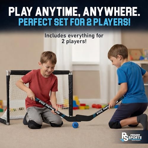 Premier Sports Knee Hockey Set – Complete 2-Player Indoor Kit with (1) Mini Goal, (2) Mini Sticks, and (2) Foam Balls