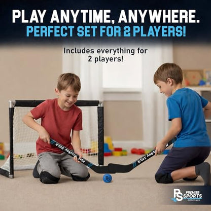 Premier Sports Knee Hockey Set – Complete 2-Player Indoor Kit with (1) Mini Goal, (2) Mini Sticks, and (2) Foam Balls