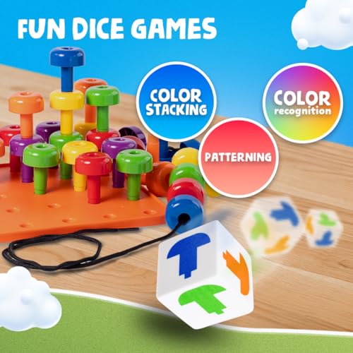 Skoolzy Peg Board Set - Montessori Toys for 2 Year Old - 33 Pc Plastic Peg Board for Kids - Occupational Therapy Toys with Pegs, Dice, Lacing String & Storage Bag - style: Peg Set with Plastic Board (33 pc)