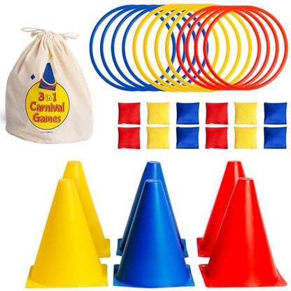 Ring Toss Game, Obstacle Course for Kids 3-5 & Birthday Party Games, Carnival Bean Bags for Tossing Gross Motor Toys for Toddlers 3-5, 12 Rings & 12 Bean Bags, 6 Cones for Kids, PE Equipment