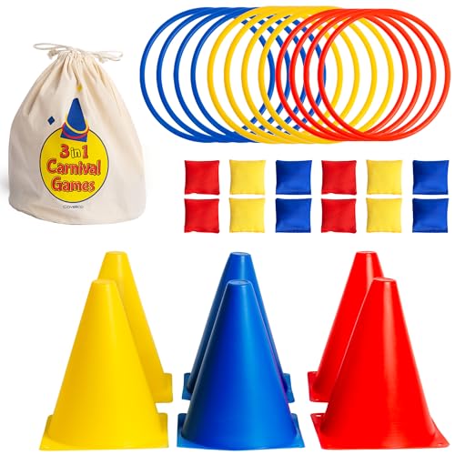 Ring Toss Game, Obstacle Course for Kids 3-5 & Birthday Party Games, Carnival Bean Bags for Tossing Gross Motor Toys for Toddlers 3-5, 12 Rings & 12 Bean Bags, 6 Cones for Kids, PE Equipment