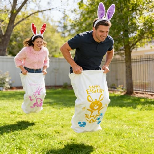 6 Potato Sack Race Jumping Bags with Bunny Ears Headbands，Easter Sack Race for Adults Easter Eggs Hunt Party Supplies Outdoor Family Games