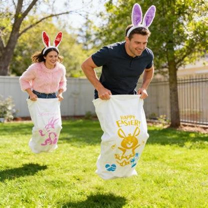 6 Potato Sack Race Jumping Bags with Bunny Ears Headbands，Easter Sack Race for Adults Easter Eggs Hunt Party Supplies Outdoor Family Games