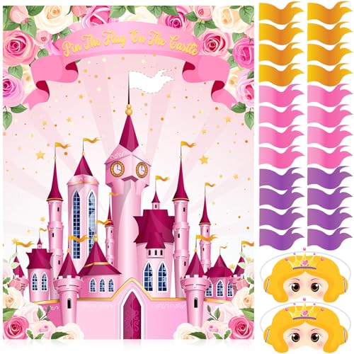Faccito Princess Party Games Pin The Flag on The Castle Birthday Pin Games Set Include Pink Castle Poster 24 Flag Stickers 2 Blindfolds for Princess Birthday Tea Party Decorations Activities Supplies - style: Princess