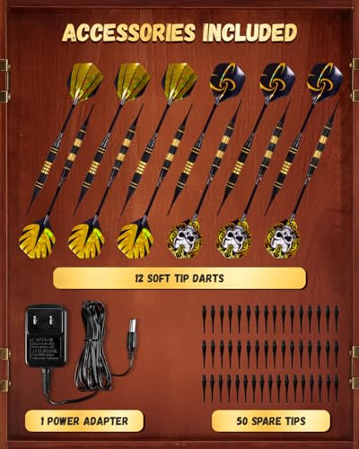 Electronic Dart Board, Decorative Dart Board Cabinet Set for Adults [12*Bronze Soft Tip Darts] [Cricket Game Mode] - Wooden Electric Dartboard Cabinet - Window