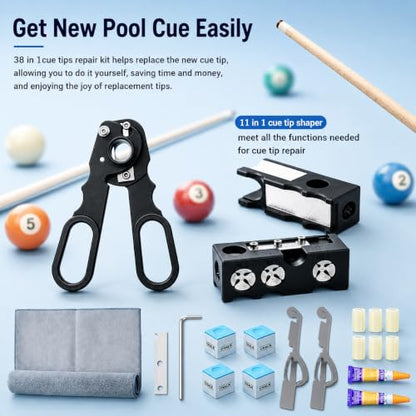 Pool Cue Tips Replacement Kit, 13mm Pool Stick Tips Replacement Kit Billiards Cue Tips Shaper Tools, Pool Cue Replacement Tips Repair Kit Billiard Pool Accessories - style: 11 in 1 shaper tool