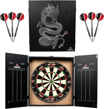 Ruthless Home Darts Centre with or Without LED Light Options | Home Dart Board Centre Including Cabinet, Dartboard and 2 Sets of Darts. - style: Dragon
