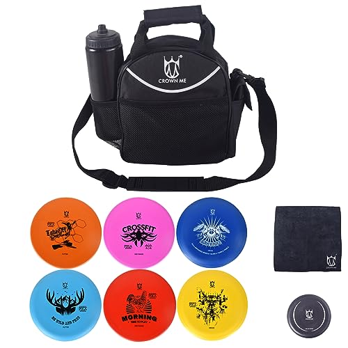 CROWN ME Disc Golf Set with 6 Discs and Mini Disc and Starter Disc Golf Bag - color: Black