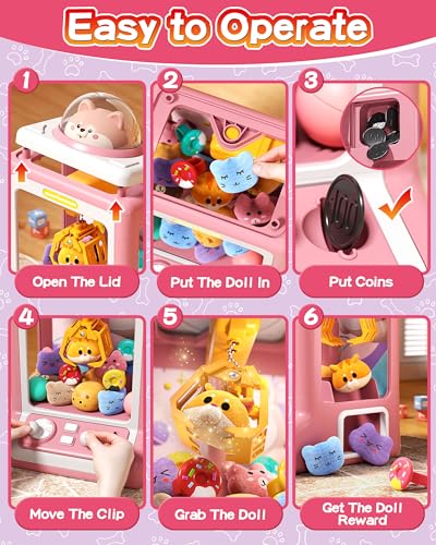 Claw Machine for Kids, Mini Vending Machine with Game Coins & Music, Prize Dispenser Toys for Girls and Boys, Electronic Claw Game Machine for Party Birthdays, Includes 35 Mini Toys (Doggy Pink) - style: Doggy Pink