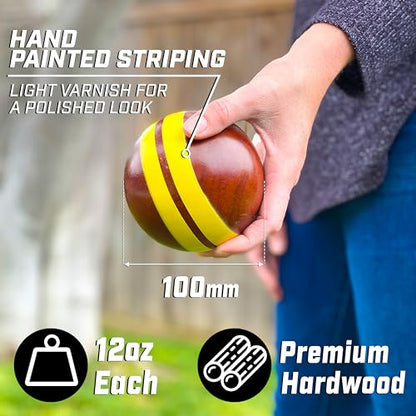 GoSports 100 mm Hardwood Bocce Set with 8 Premium 12 oz Wood Balls, Pallino, Case and Measuring Rope