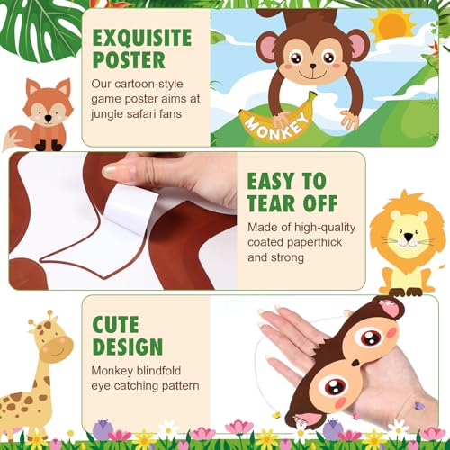 Faccito Jungle Animal Games Pin The Tail on The Monkey Safari Animal Birthday Party Games with Monkey Poster 24 Pcs Tail Stickers and Blindfold for Safari Jungle Zoo Forest Party Decorations Supplies - style: Animal
