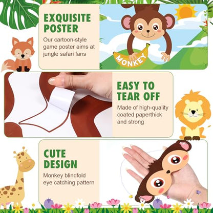 Faccito Jungle Animal Games Pin The Tail on The Monkey Safari Animal Birthday Party Games with Monkey Poster 24 Pcs Tail Stickers and Blindfold for Safari Jungle Zoo Forest Party Decorations Supplies - style: Animal