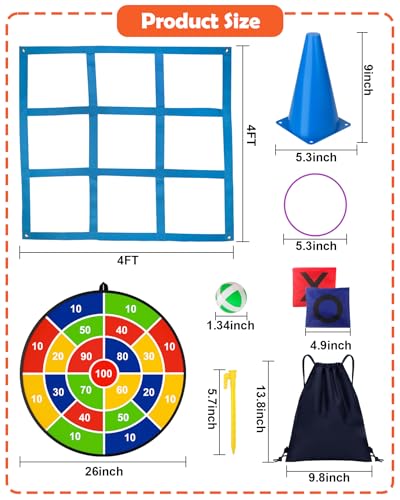 Carnival Games Set, Outdoor Giant Tic Tac Toe Games, Soft Plastic Cones Bean Bags Ring Toss Game Combo Set, 26" Dart Board with Sticky Balls for Kids Adults Family Indoor Lawn Yard Birthday Party - size: D+GTB-T-60