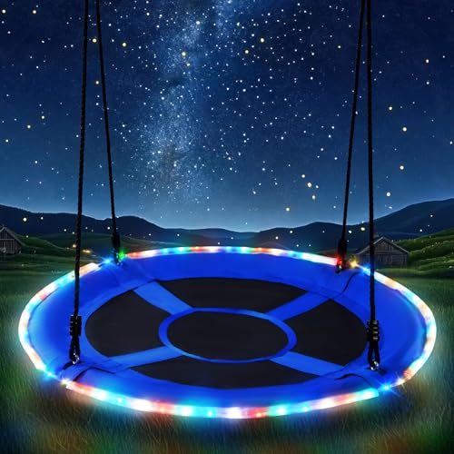 Trekassy 700lbs 40” Saucer Tree Swing with LED Lights for Kids Adults Outdoor 2 Tree Hanging Straps-Blue - color: Blue