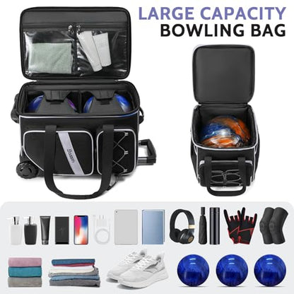 BOSSTIN 3 Ball Bowling Bag with Wheels, 2 Ball Bowling Bags Double roller with 1 Ball Add On Bag, Multi-Pockets & Shoe Compartment (Fits Up to Size 15) - color: Black