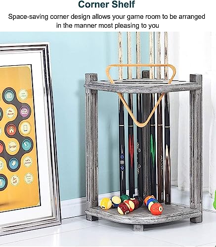 REMYS Corner Floor Cue Rack, with 5 Drink Coasters, Billiard Supplies 10 Cues Freestanding Pool Stick Holder, Holds Full Set of Balls