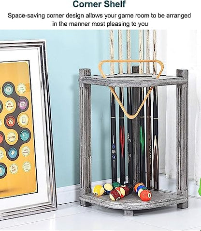 REMYS Corner Floor Cue Rack, with 5 Drink Coasters, Billiard Supplies 10 Cues Freestanding Pool Stick Holder, Holds Full Set of Balls