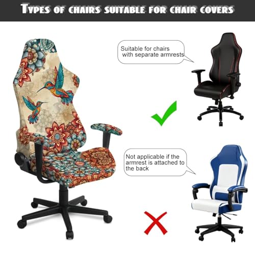 Hummingbird Print Gaming Chair Seat Covers Bohemian Flower Print Game Chair Cover with Armrest Covers Skin Friendly Soft Elastic - color: Brown - Hummingbird Bohemian Flower