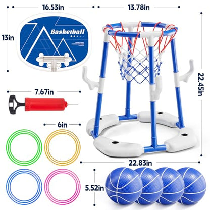 Pool Basketball Hoop for Kids Ages 4-8 & 8-12, 2-in-1 Floating Game Set with Backboard, Water-Fillable Base, 4 Balls, Pump & 12 Rings, Pool Games Backyard Swimming Pool Toys for Family Fun (Blue) - color: Green