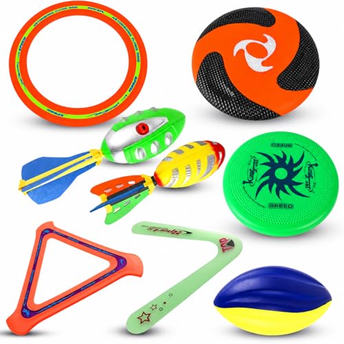 8-in-1 Sports Combo Play Set - Ultimate Outdoor Family Backyard Games with Foam Football, Flying Discs, Aero Rings, Boomerang, Whistling Missiles – Throw & Catch Fun Activities for Kids