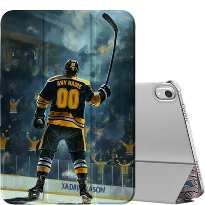 Custom Name/Number Case for iPad Air 13 inch & 11 inch M3/M2 2025/2024 & 10.9 inch 5th/4th Gen 2022/2020, with Hockey Lover's,with Pencil Holder(Boston Black) - color: Boston Black, size: iPad Air Series