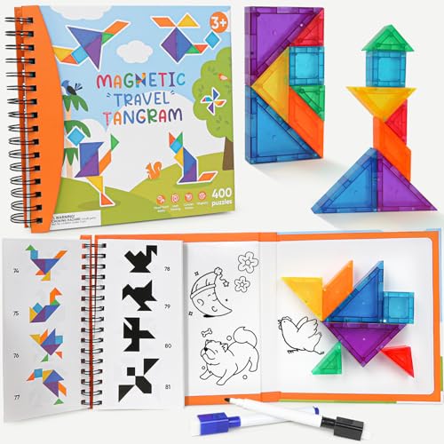 Magnetic Tangram Puzzle with 3D Building Blocks, Road Trip Essentials Travel Tangram with 400 Solution Montessori Travel Toys for Kids Magnetic Puzzles Brain Teasers Gifts for Kids Adults - style: 400 Solution