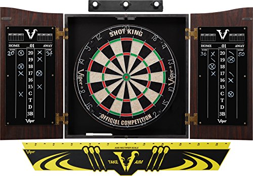 Viper Vault Cabinet & Shot King Sisal/Bristle Dartboard Ready-to-Play Bundle with Two Sets of Steel-Tip Darts, Throw Line, and Dry Erase Scoreboards, Walnut Finish - style: Premium Set