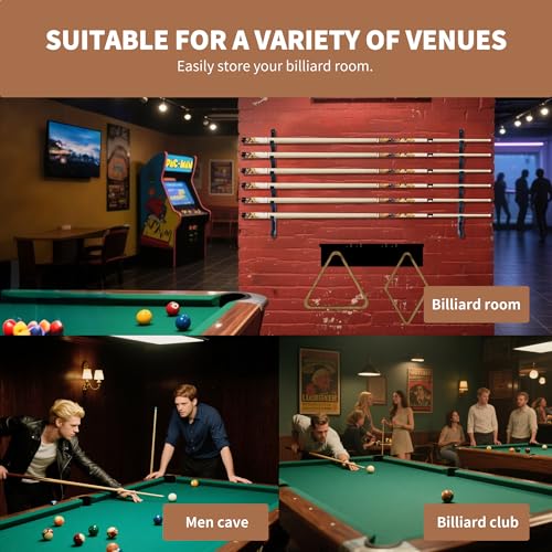 Black Wall-Mounted Pool Stick Holder, Wooden Billiards Pool Cue Rack Holds 7 Cue Sticks and 2 Pool Ball Racks, Pool Table Accessories Organizer for Billiard Rooms or Clubs