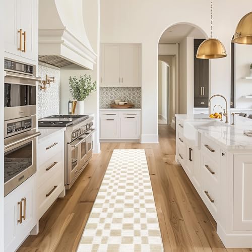 EVERGRACE Checkered Plaid Area Rug 2x10, Soft Fuzzy Faux Wool Rugs Washable Anti Slip Rugs Long Runner Rug Carpet for Entryway Bedroom Living Room Hallway Kitchen Dining Room and Laundry Room, Beige - color: Beige, size: 2' x 10' (Runner)