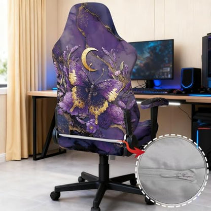 Suobstales Butterfly Moon Lavender Marble Pattern Gaming Chair Cover Stretch Computer Office Chair Cover for Armchair, Swivel Chairs, Computer Boss Chair, Removable Chair Slipcovers with Armrest Cover - color: Butterfly Moon Lavender Marble