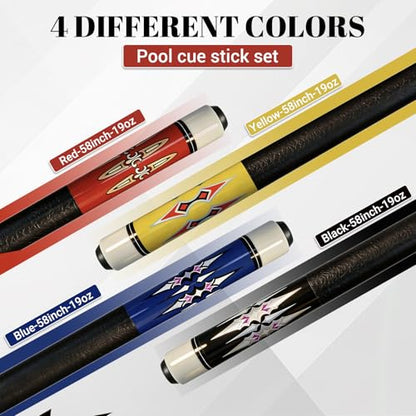 HMQQ 58 Inch Pool Cue Sticks Set, 2/4/6 Pack 20 oz 2-Piece Billiard Cues with 13mm Leather Tips, Matching House Cue Set for Adults, Home Tables, Bars & Group Play - size: Set of 4