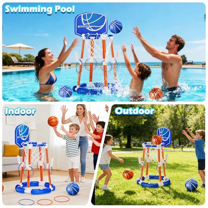 Pool Basketball Hoop with Backboard, Floating Pool Toys for 3-12 Years Old Kids Ring Game with 4 Balls 8 Rings & Pump Outdoor Swimming Pool Basketball Games Water Play Toy Family Party for Kids Adults - style: Blue with Backboard
