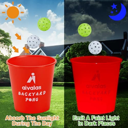 Aivalas Yard Pong Outdoor Games Glow Set in Dark, Giant Yard Pong Game for Adults and Family with 12 Buckets, 4 Balls and a Carrying Bag, Giant Pong for Beach, Camping, Lawn and Backyard - color: Red Glow in Dark