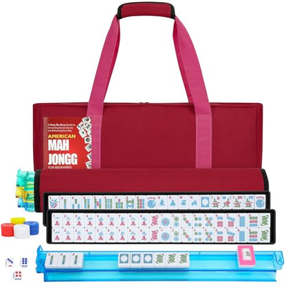 American Mahjong Tile Set,166 Pink Tiles Mahjong Set,4 Colors Mahjong Racks,Travel Mahjong Set with Red Carrying Bag - style: Pink Tile