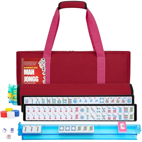 American Mahjong Tile Set,166 Pink Tiles Mahjong Set,4 Colors Mahjong Racks,Travel Mahjong Set with Red Carrying Bag - style: Pink Tile