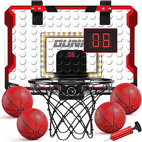 TEMI Indoor Basketball Hoop for Kids, Door Room Basketball Hoop,Mini Basketball Hoop with 4 Balls, Basketball Toys for 3 4 5 6 7 8 9 10 11 12 Year Old Boys - style: LED & Scoreboard & 4 Balls