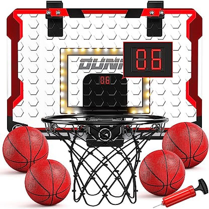 TEMI Indoor Basketball Hoop for Kids, Door Room Basketball Hoop,Mini Basketball Hoop with 4 Balls, Basketball Toys for 3 4 5 6 7 8 9 10 11 12 Year Old Boys - style: LED & Scoreboard & 4 Balls